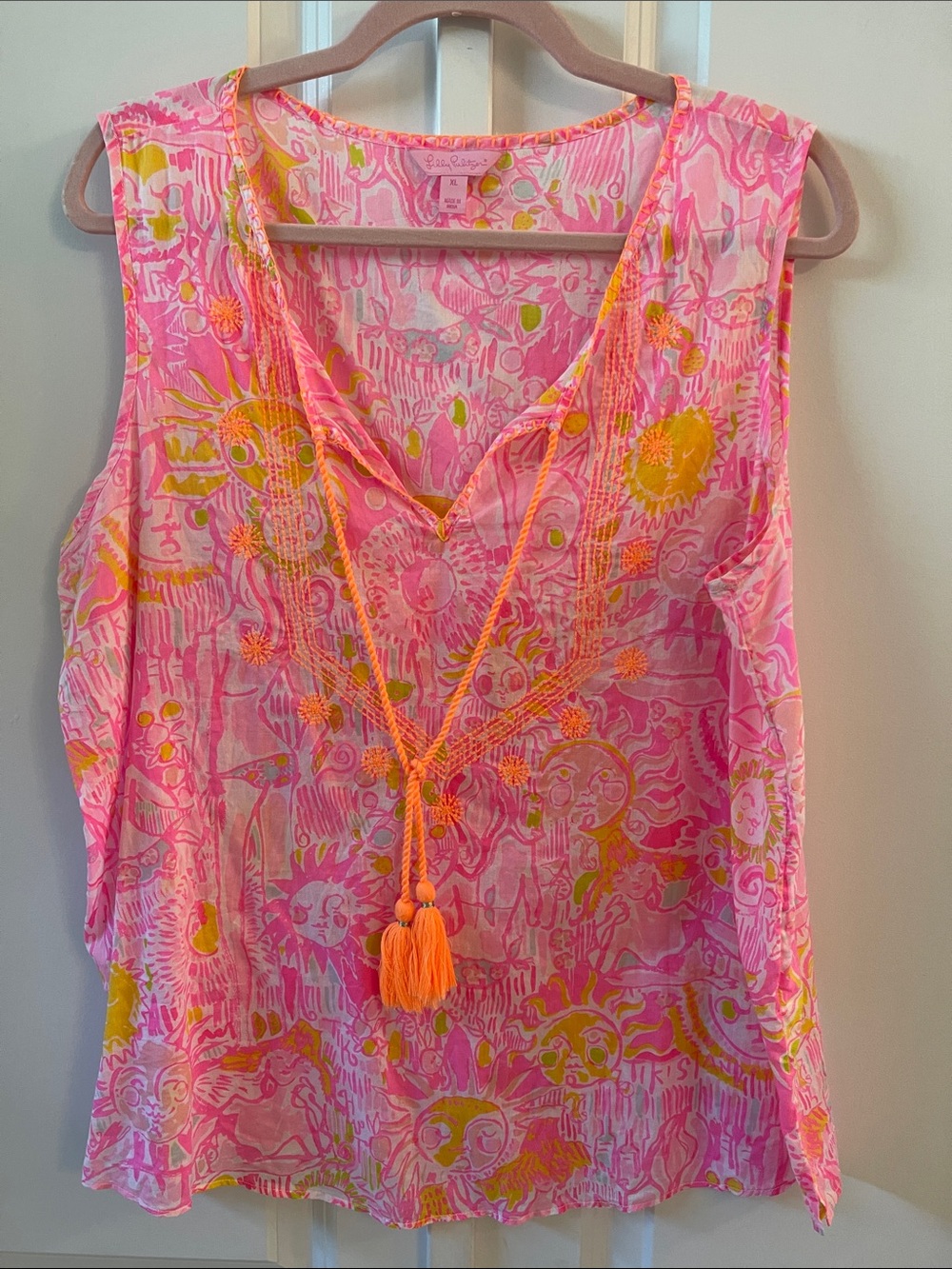 Lilly Pulitzer Pink & Yellow Printed Tassel V-Neck Tank